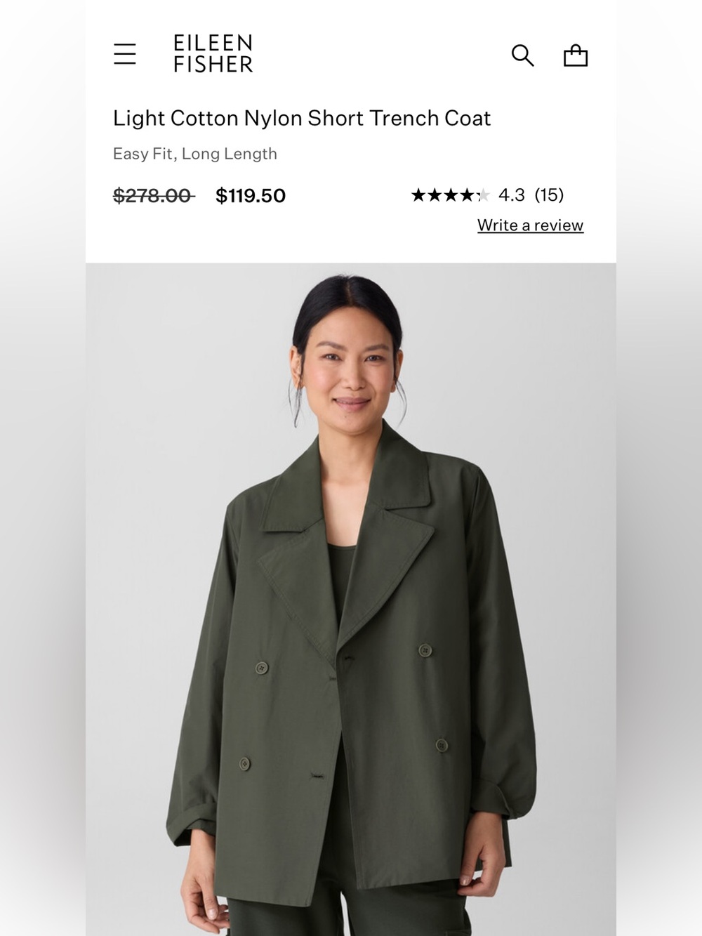 Eileen Fisher Light Cotton Nylon Short Trenchcoat sz S